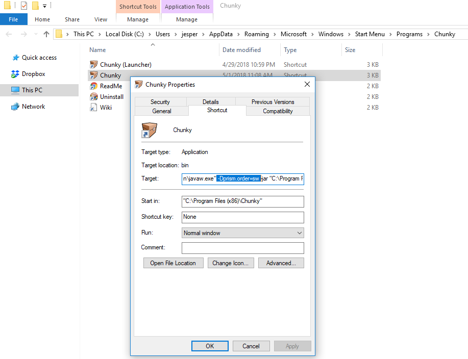 Windows 10: editing Chunky shortcut to add -Dprism.order=sw